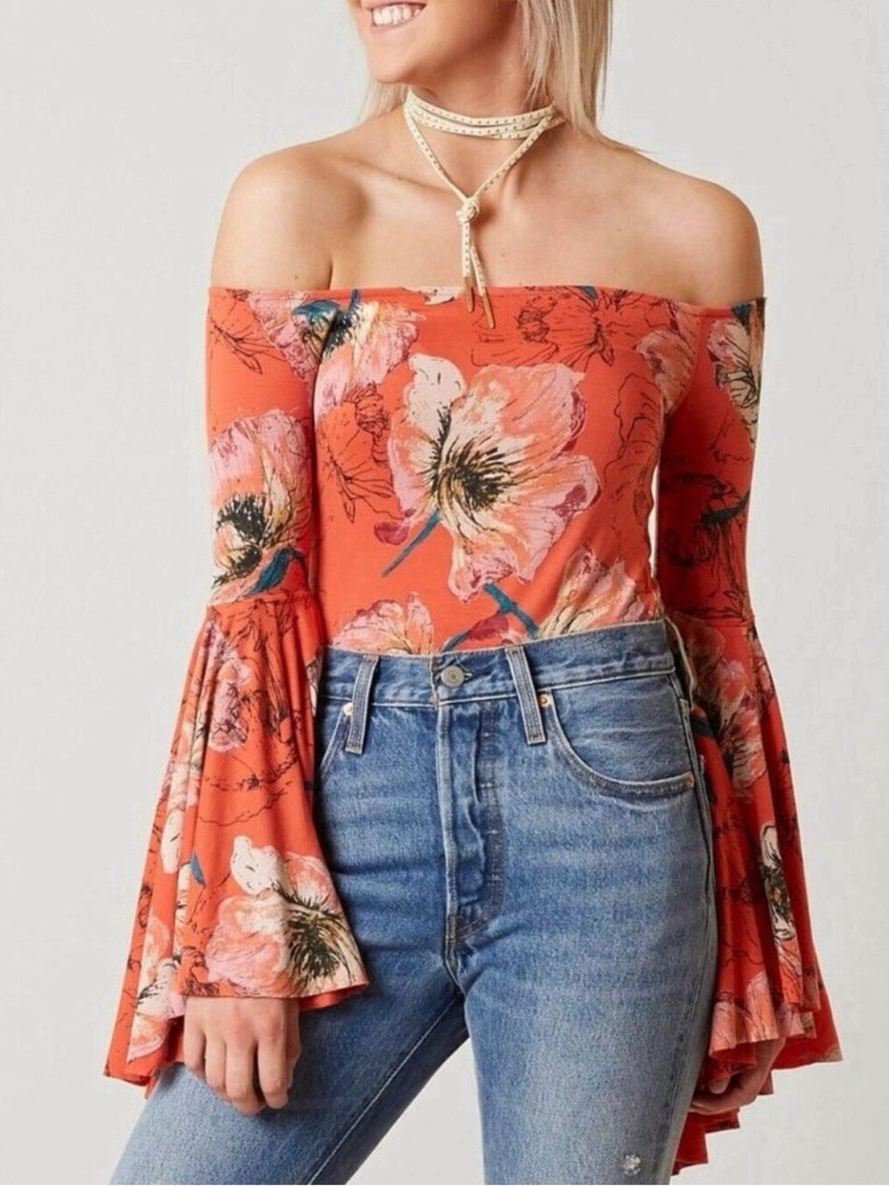 Free People Birds Of Paradise Coral Orange Floral Print Top